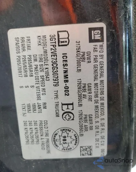 2012 GMC Sierra K1500 Sle from USA, damaged, VIN 3GTP2VE73CG307979